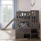 Litera baja doble sobre doble con tobogán y escaleras, cama de plataforma de madera maciza para niños, 14 barandillas