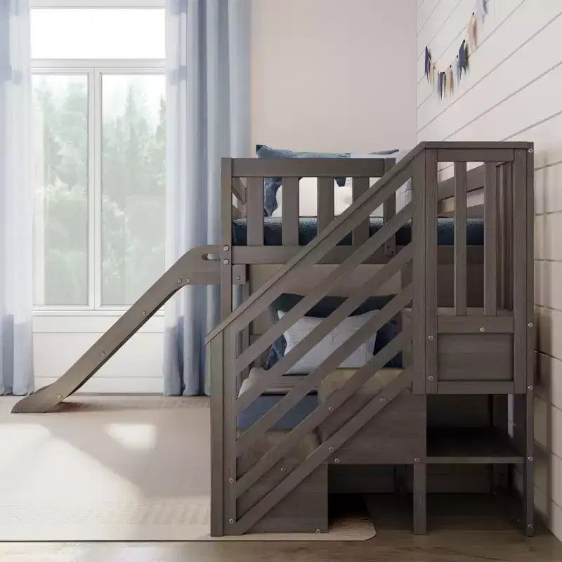 Litera baja doble sobre doble con tobogán y escaleras, cama de plataforma de madera maciza para niños, 14 barandillas