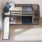 Litera baja doble sobre doble con tobogán y escaleras, cama de plataforma de madera maciza para niños, 14 barandillas