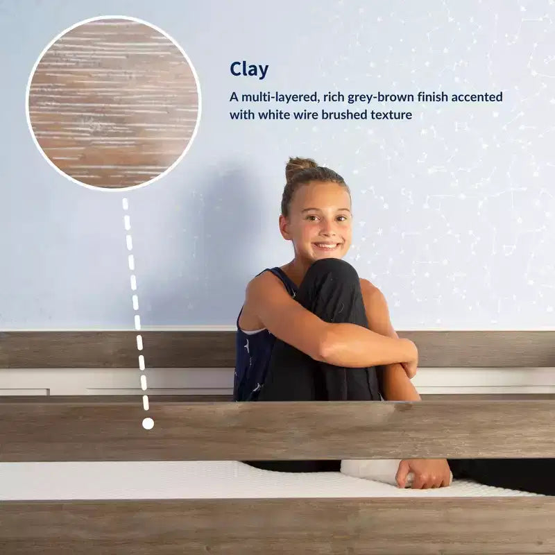 Litera baja doble sobre doble con tobogán y escaleras, cama de plataforma de madera maciza para niños, 14 barandillas
