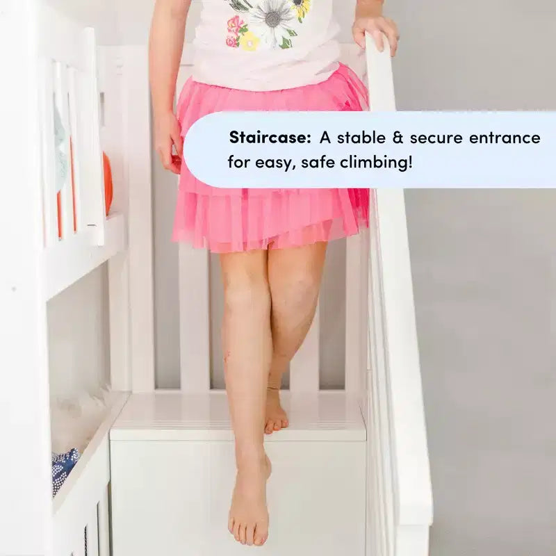 Litera baja doble sobre doble con tobogán y escaleras, cama de plataforma de madera maciza para niños, 14 barandillas