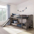 Litera baja doble sobre doble con tobogán y escaleras, cama de plataforma de madera maciza para niños, 14 barandillas