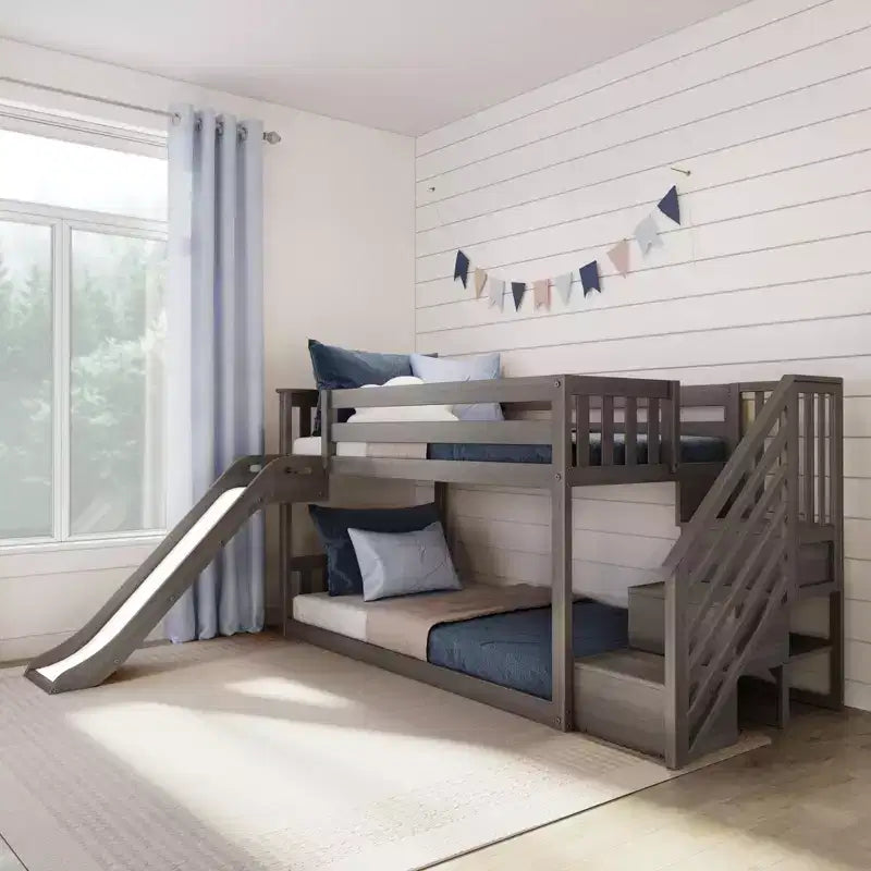 Litera baja doble sobre doble con tobogán y escaleras, cama de plataforma de madera maciza para niños, 14 barandillas