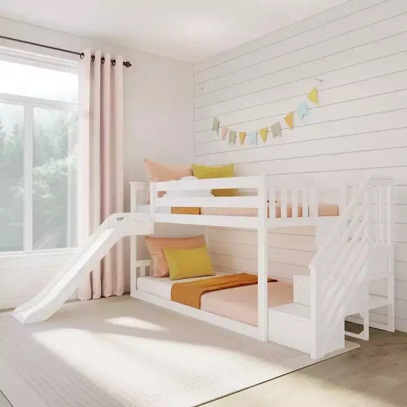 Max & Lily Twin Over Twin Low Bunk Bed with Slide and Stairs, Solid Wood Kids Platform Bed with 14 Guardrails
