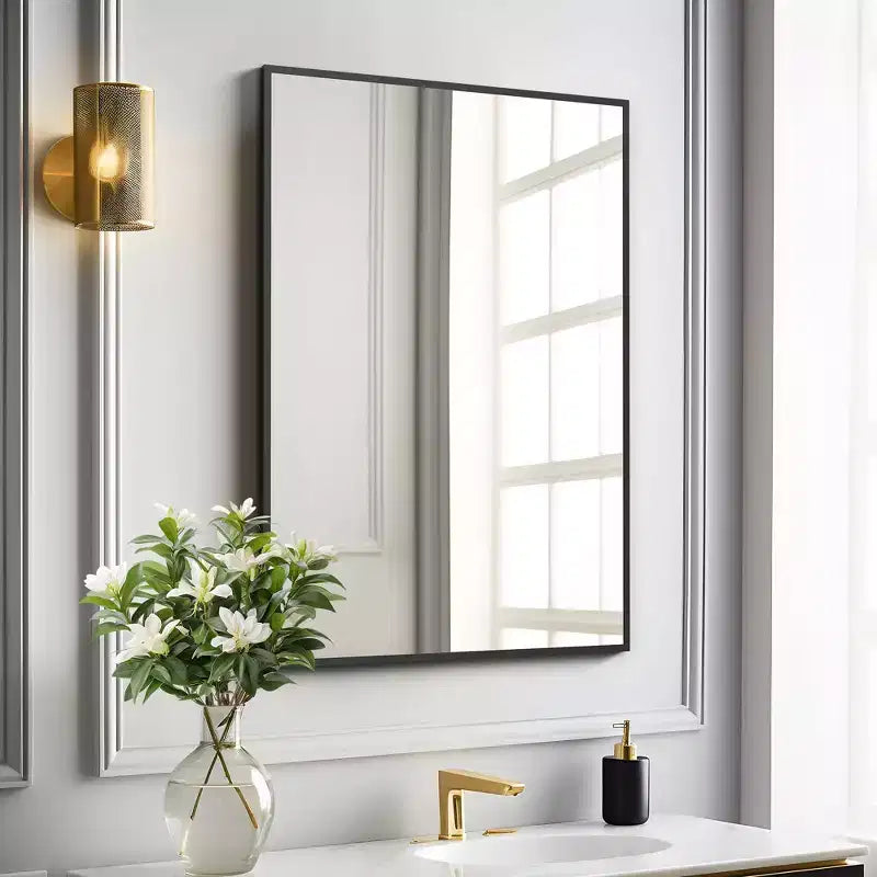 Espejo de pared rectangular negro de 38"x24" con marco de metal, vidrio templado de alta definición