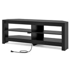 Mueble esquinero para TV de 3 niveles con toma de corriente y 4 estantes abiertos, para televisores de hasta 65 pulgadas