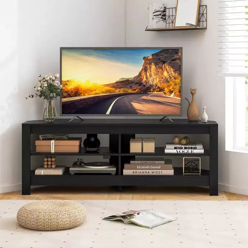 Mueble esquinero para TV de 3 niveles con toma de corriente y 4 estantes abiertos, para televisores de hasta 65 pulgadas
