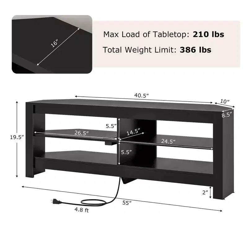 Mueble esquinero para TV de 3 niveles con toma de corriente y 4 estantes abiertos, para televisores de hasta 65 pulgadas