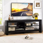 Mueble esquinero para TV de 3 niveles con toma de corriente y 4 estantes abiertos, para televisores de hasta 65 pulgadas