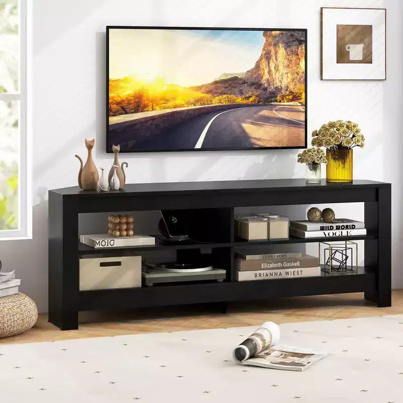 Mueble esquinero para TV de 3 niveles con toma de corriente y 4 estantes abiertos, para televisores de hasta 65 pulgadas