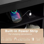 Mueble esquinero para TV de 3 niveles con toma de corriente y 4 estantes abiertos, para televisores de hasta 65 pulgadas