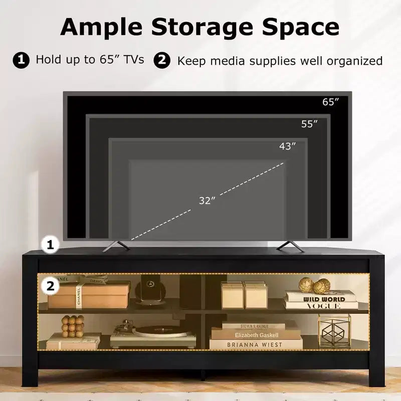 Mueble esquinero para TV de 3 niveles con toma de corriente y 4 estantes abiertos, para televisores de hasta 65 pulgadas