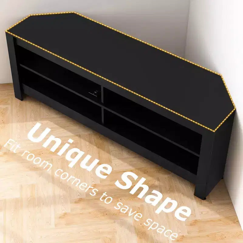 Mueble esquinero para TV de 3 niveles con toma de corriente y 4 estantes abiertos, para televisores de hasta 65 pulgadas