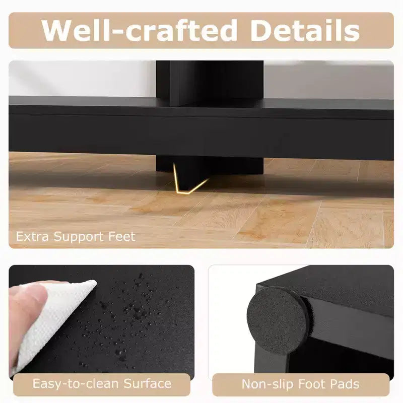 Mueble esquinero para TV de 3 niveles con toma de corriente y 4 estantes abiertos, para televisores de hasta 65 pulgadas